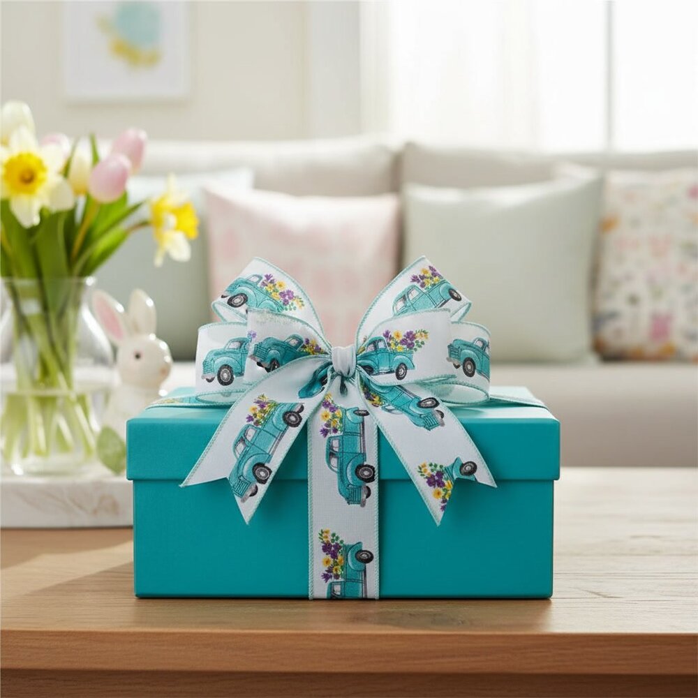 Blue Truck Floral Wired Edge Ribbon Trimming Crafts 1 1/2 inch Party Supplies